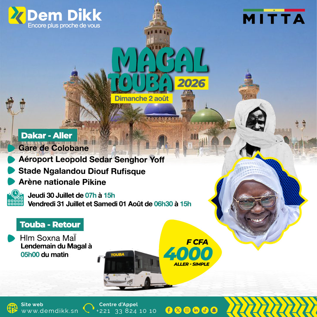 Magal de Touba 2026 : Dem Dikk propose un transport à 4000 FCFA
