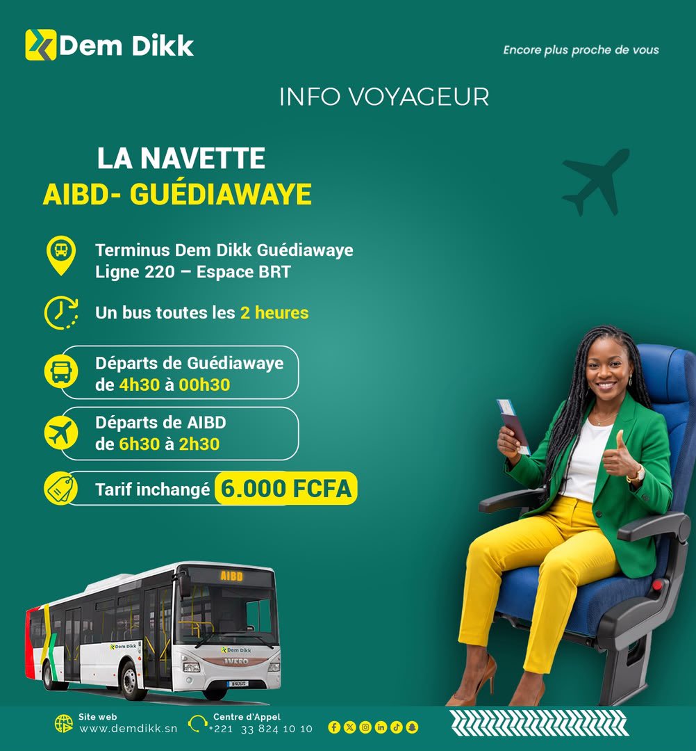 Navette Dem Dikk : Guédiawaye-AIBD toutes les 2h, 6 000 FCFA