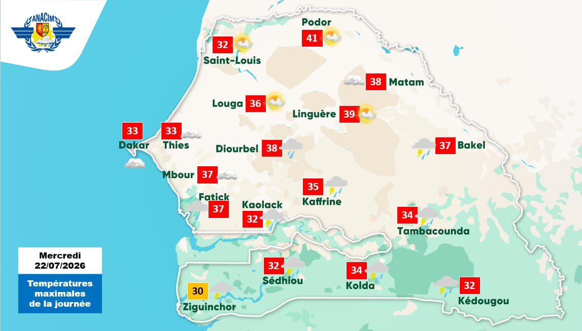 Orages et fortes chaleurs attendus au Sénégal du 22 au 23 juillet