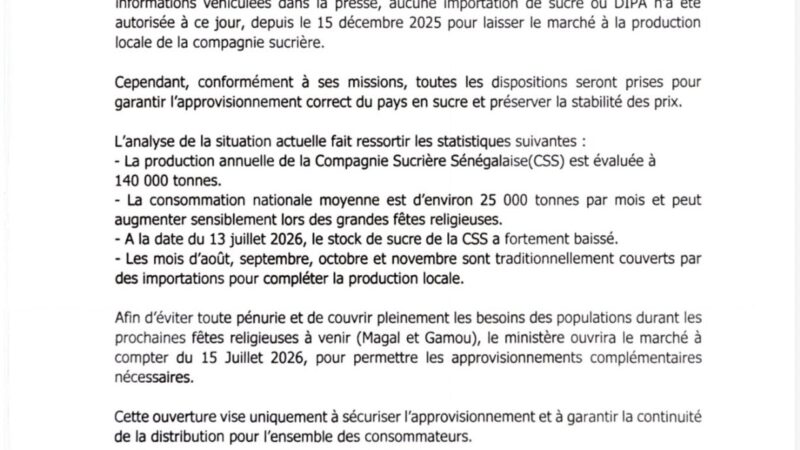 Ouverture du marché du sucre aux importations à partir du 15 juillet 2026