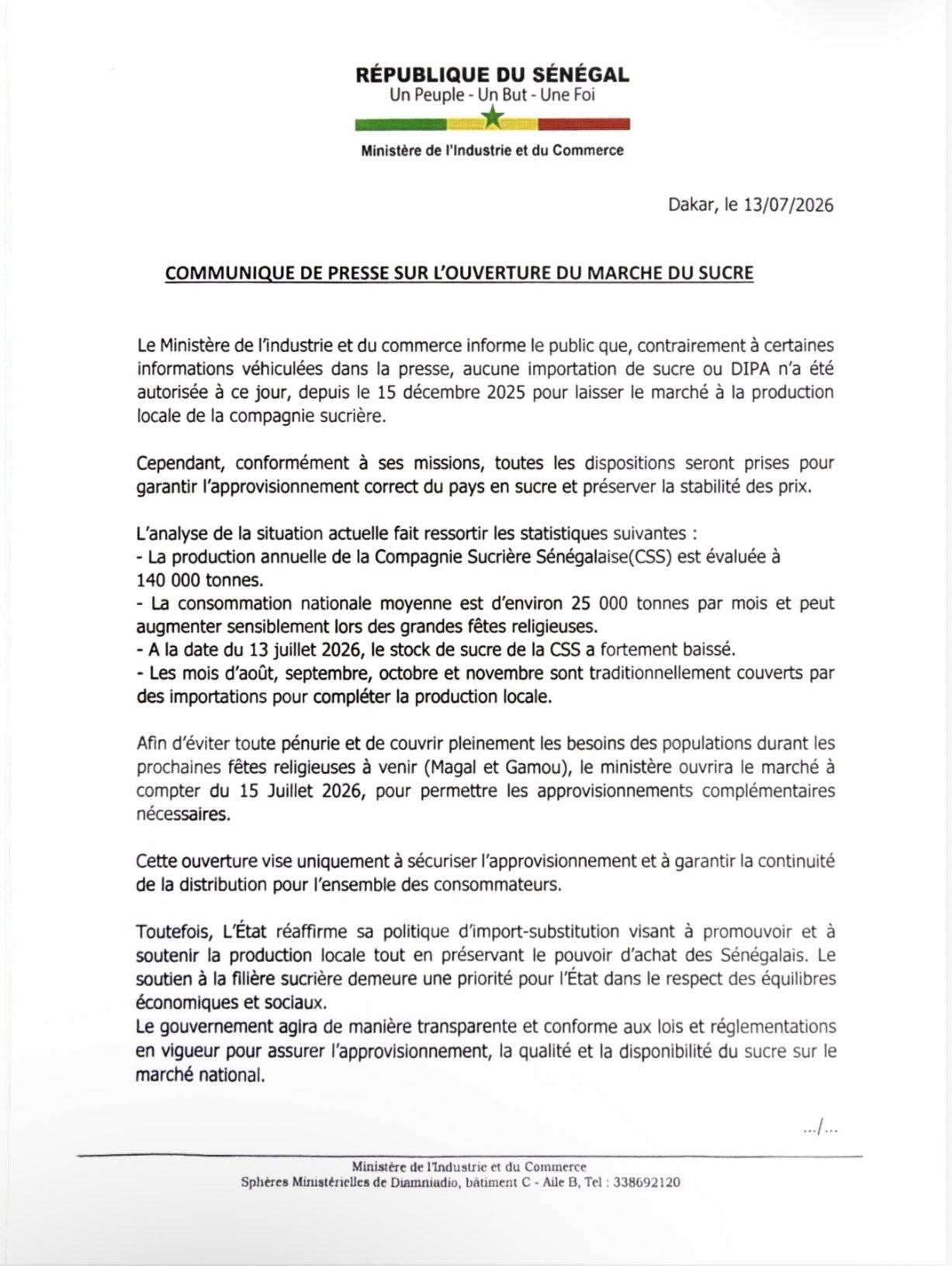 Ouverture du marché du sucre aux importations à partir du 15 juillet 2026