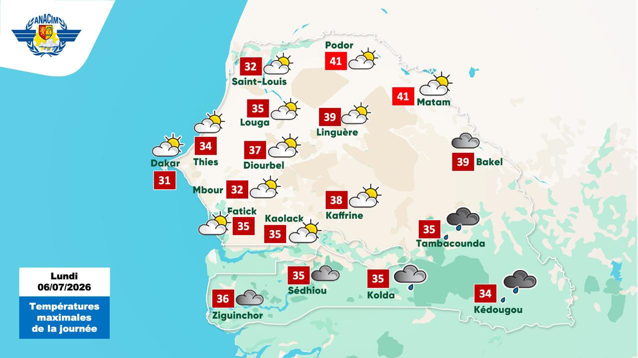 Pluies et orages persistants au Sud-est, jusqu&rsquo;à 41°C à Podor et Matam ce 6 juillet