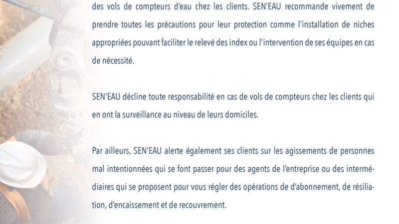 SEN&rsquo;EAU alerte sur les vols de compteurs et les arnaques aux faux agents