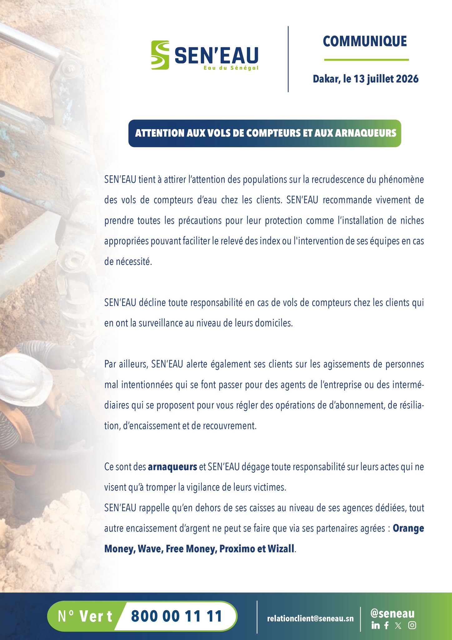 SEN’EAU alerte sur les vols de compteurs et les arnaques aux faux agents