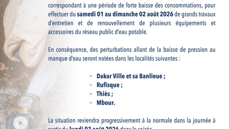 SEN&rsquo;EAU annonce des perturbations du 1er au 3 août 2026 à Dakar, Rufisque, Thiès et Mbour