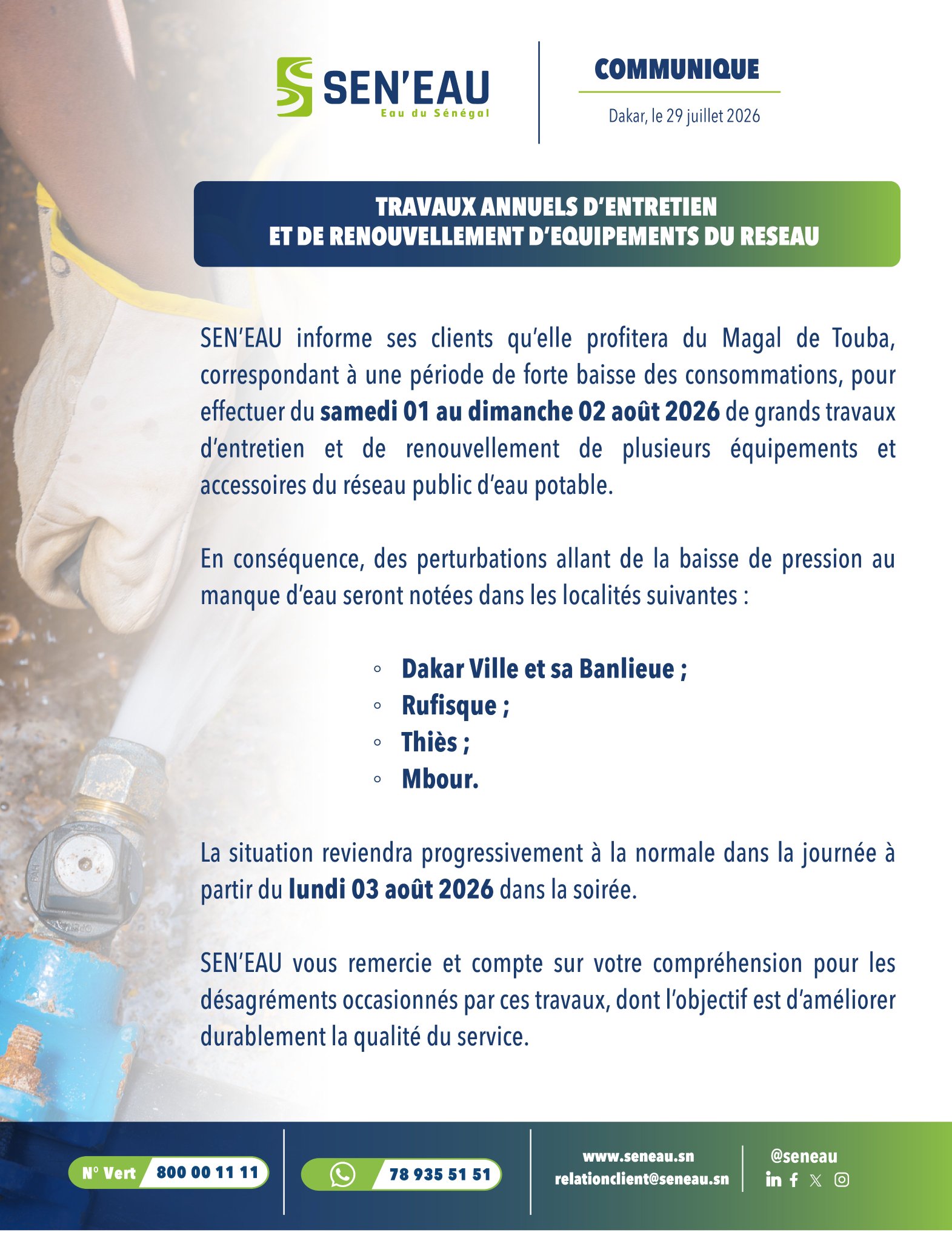 SEN’EAU annonce des perturbations du 1er au 3 août 2026 à Dakar, Rufisque, Thiès et Mbour