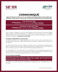 TER : circulation interrompue entre Rufisque et Diamniadio du 27 juillet au 1er août 2026 pour essais