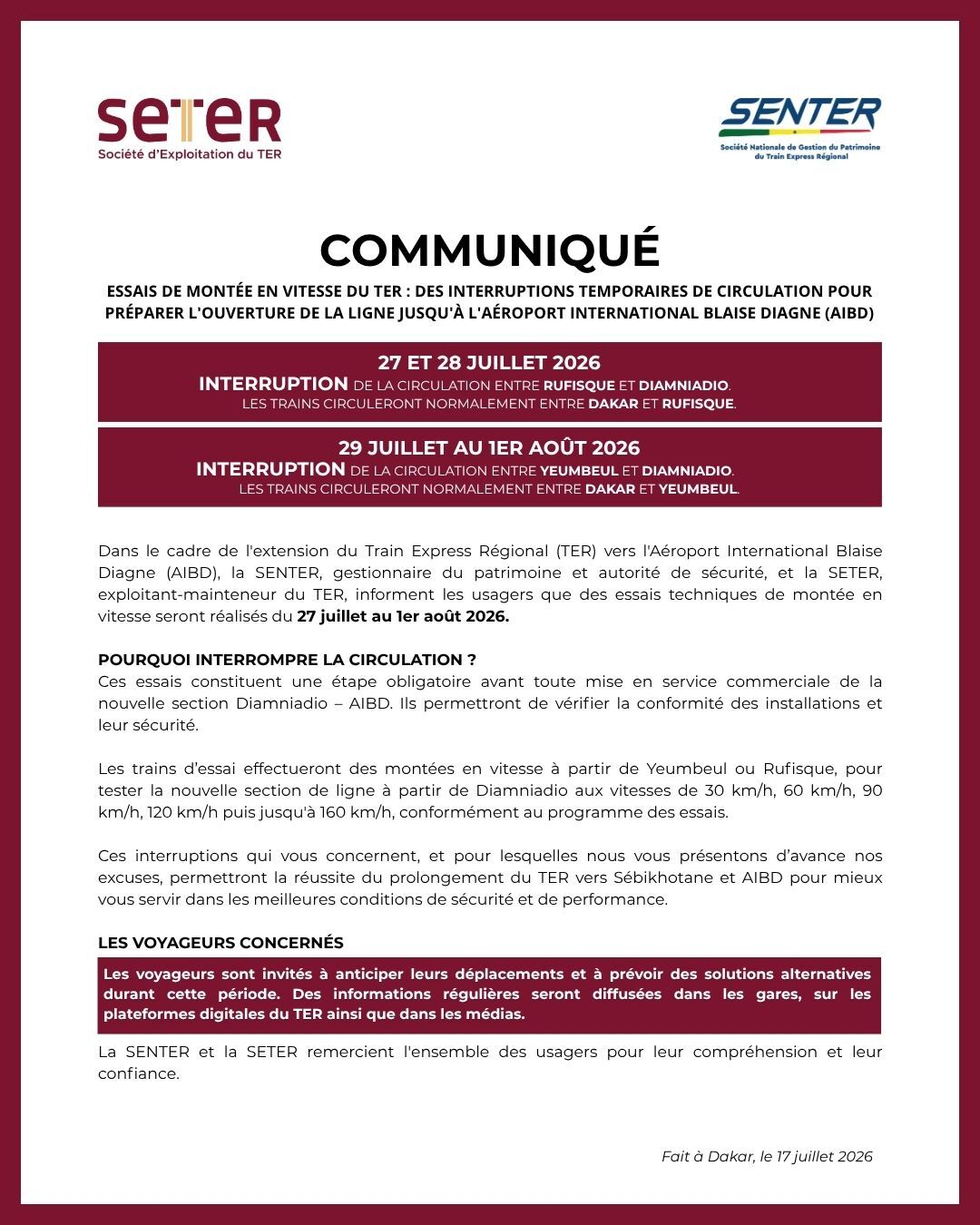 TER : circulation interrompue entre Rufisque et Diamniadio du 27 juillet au 1er août 2026 pour essais