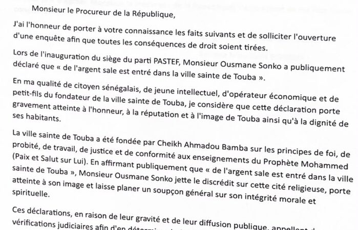 Ousmane Sonko visé par une plainte pour diffamation de Serigne Modou Maroun Niang et Serigne Mourtalla Bousso