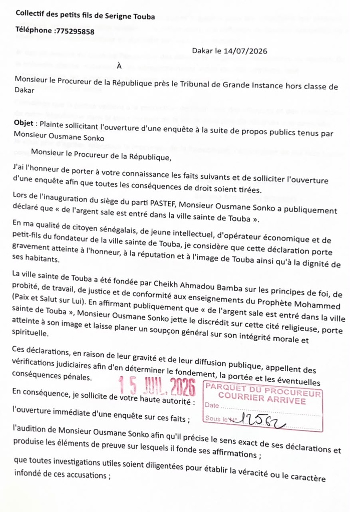 Ousmane Sonko visé par une plainte pour diffamation de Serigne Modou Maroun Niang et Serigne Mourtalla Bousso