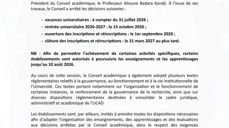 UCAD : rentrée universitaire le 15 octobre 2026, inscriptions du 1er septembre au 31 mars 2027