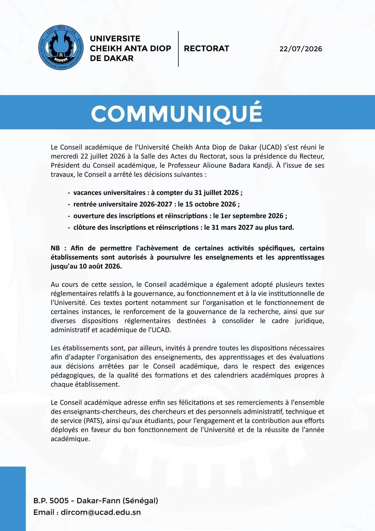 UCAD : rentrée universitaire le 15 octobre 2026, inscriptions du 1er septembre au 31 mars 2027