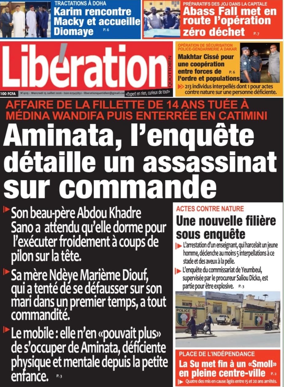 Découvrez les Unes des journaux sénégalais du mercredi 15 juillet 2026