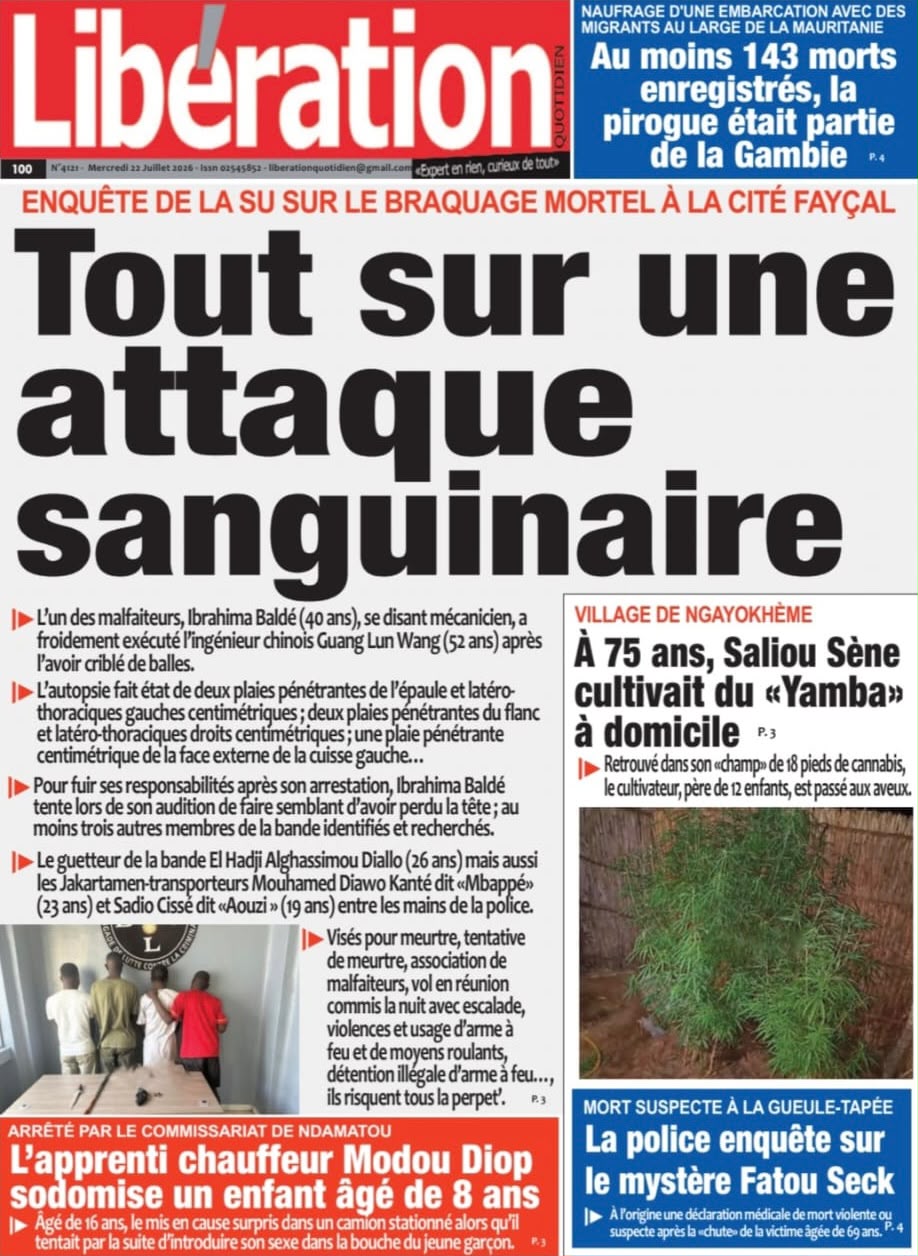 Découvrez les Unes des journaux sénégalais du mercredi 22 juillet 2026