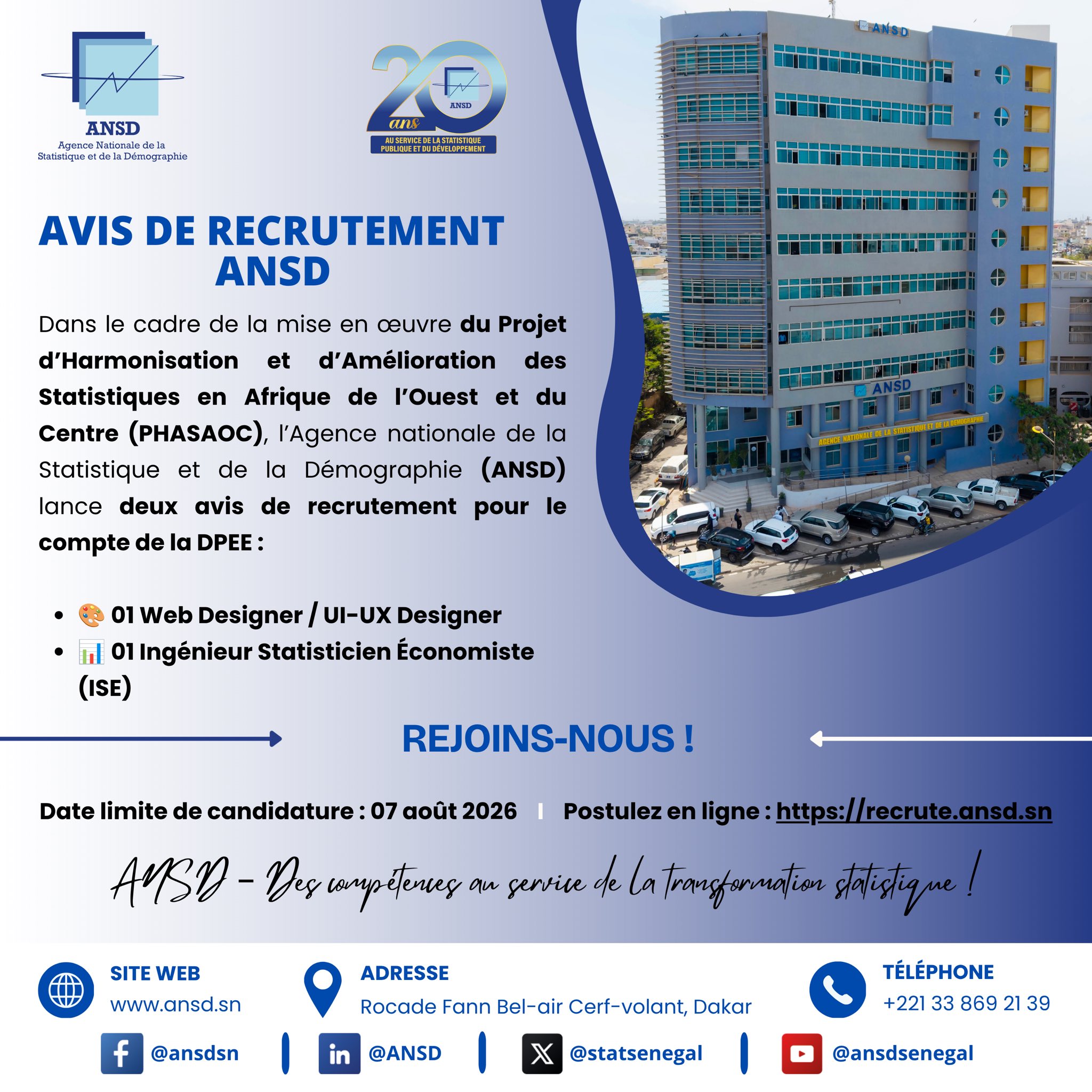 ANSD recrute deux profils pour le projet PHASAOC, candidatures jusqu&rsquo;au 7 août 2026