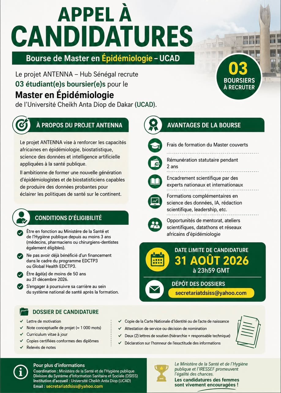 Bourse Master en Épidémiologie à l’UCAD : 3 places pour agents du ministère de la Santé