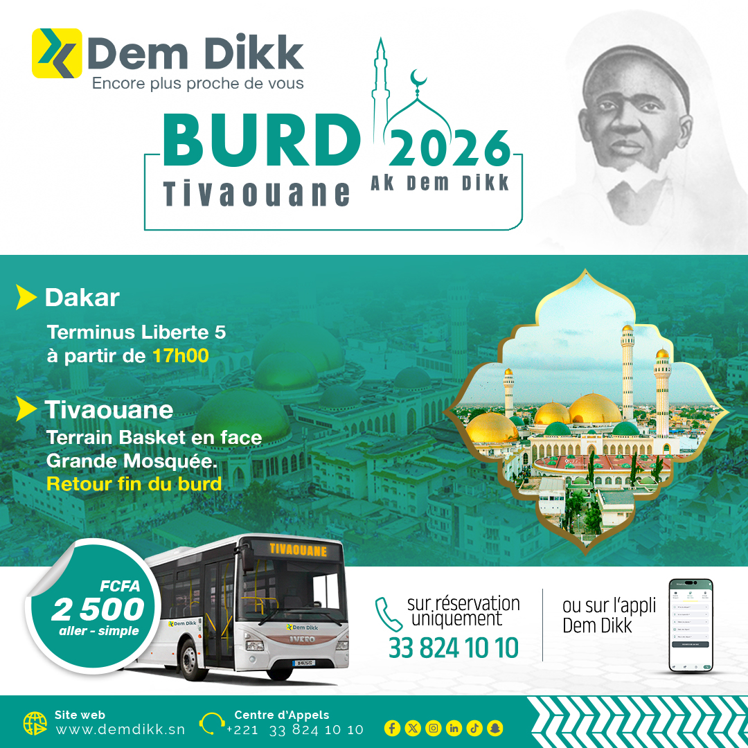Burd 2026 : navette spéciale Dem Dikk Dakar-Tivaouane à 2500 FCFA