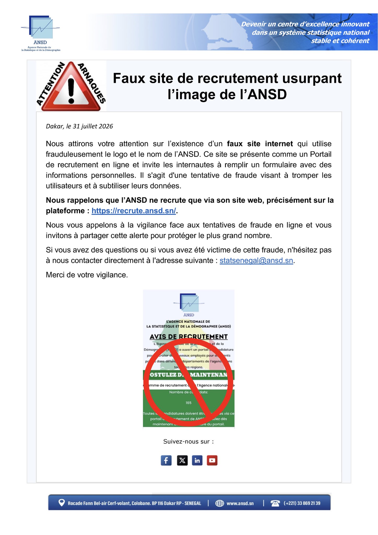 Faux site de recrutement usurpe l&rsquo;identité de l&rsquo;ANSD : mise en garde