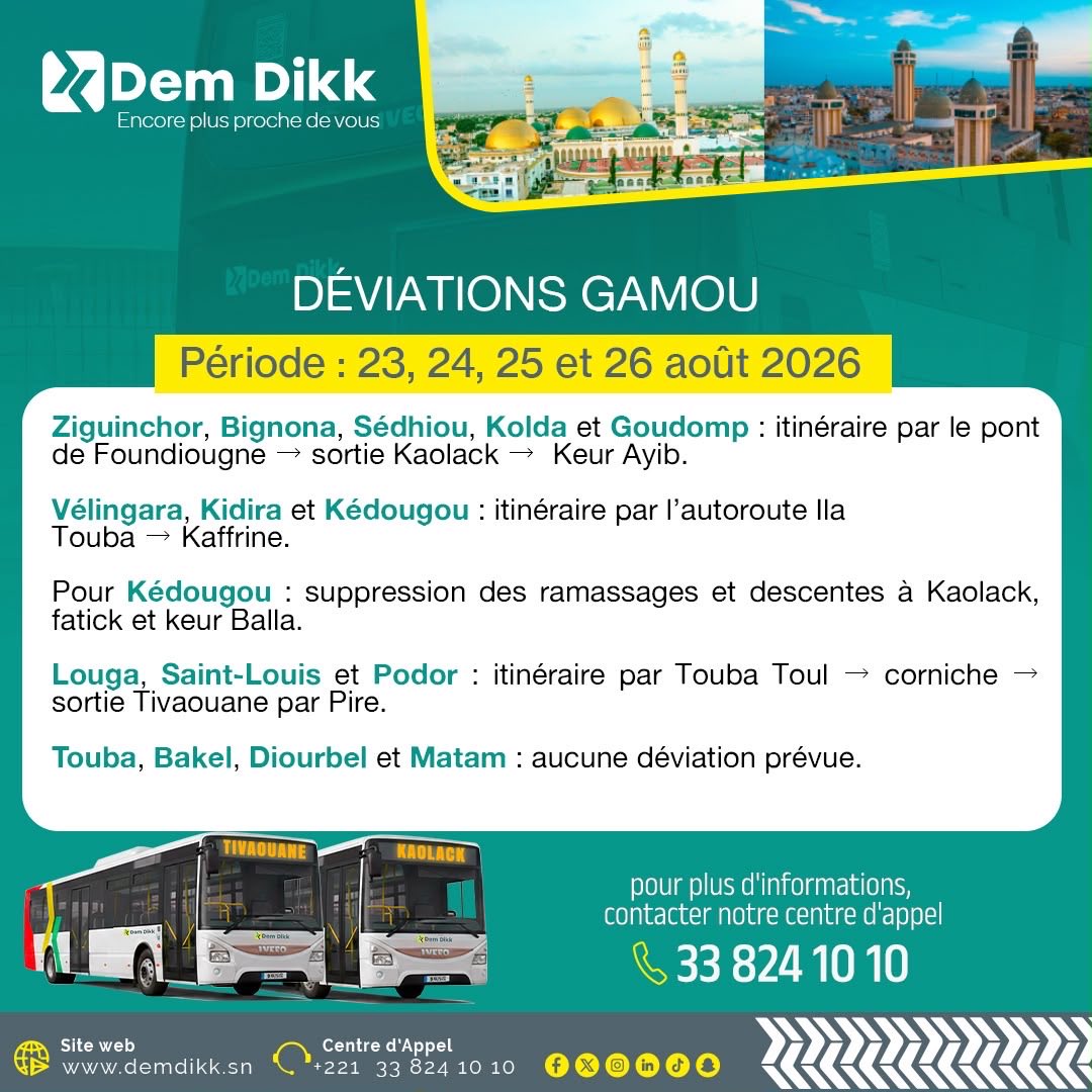 Gamou 2026 : déviations des dessertes interurbaines de Dakar Dem Dikk du 23 au 26 août