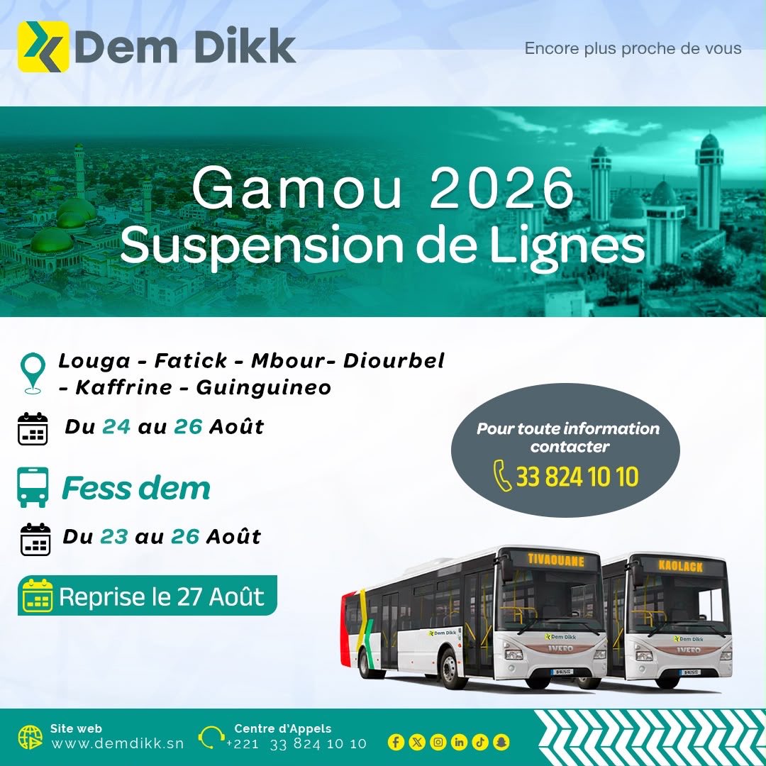 Gamou 2026 : Dakar Dem Dikk suspend des lignes interurbaines du 24 au 26 août