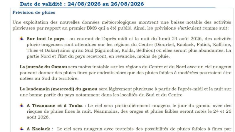 Gamou 2026 : pluies et orages attendus sur le Centre et le Sud du Sénégal
