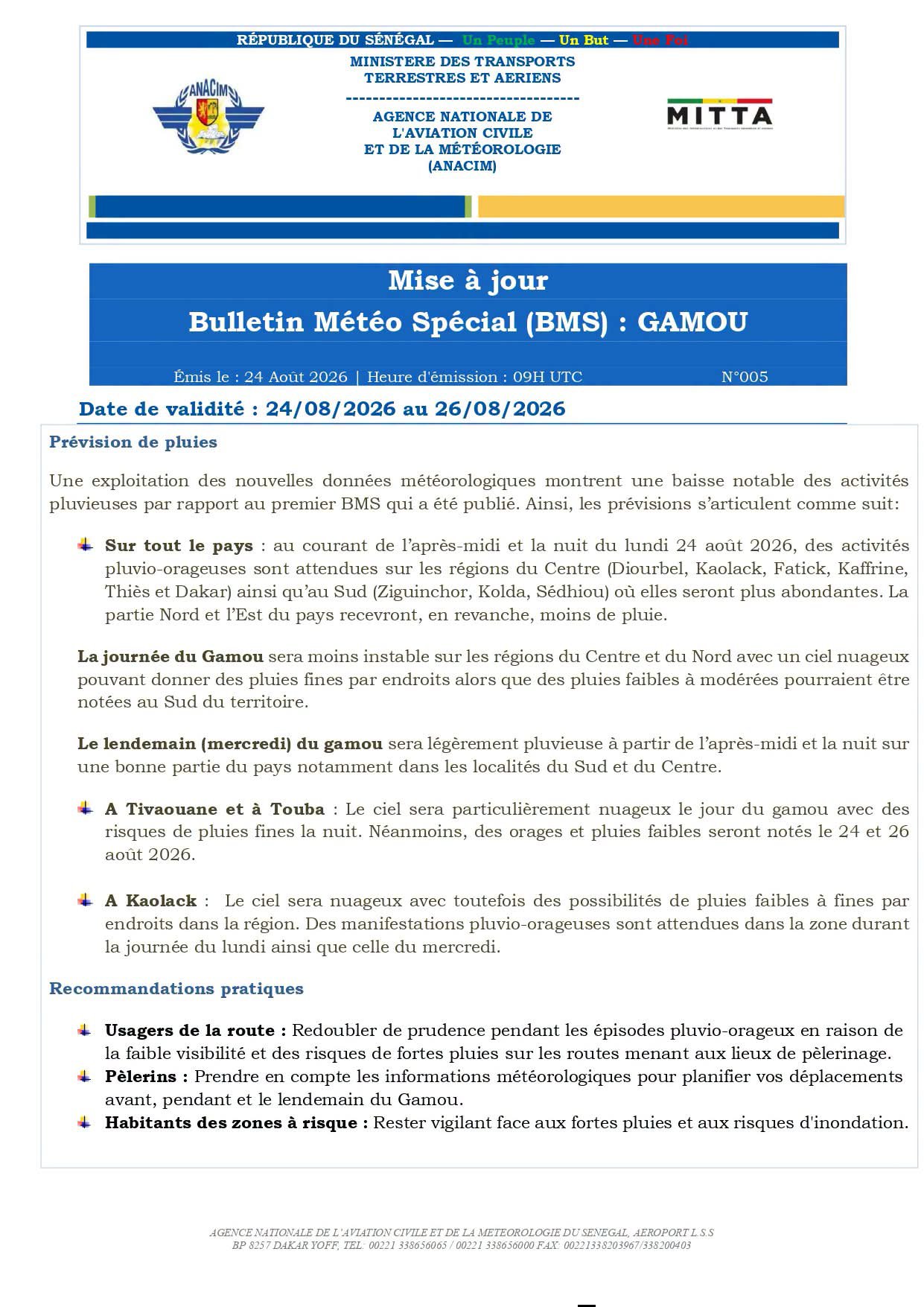 Gamou 2026 : pluies et orages attendus sur le Centre et le Sud du Sénégal