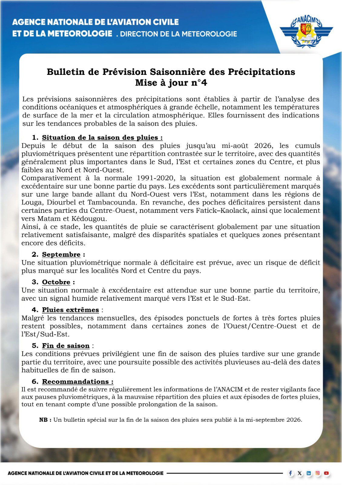Hivernage 2026 : l&rsquo;ANACIM prévoit un septembre déficitaire et une fin de saison tardive
