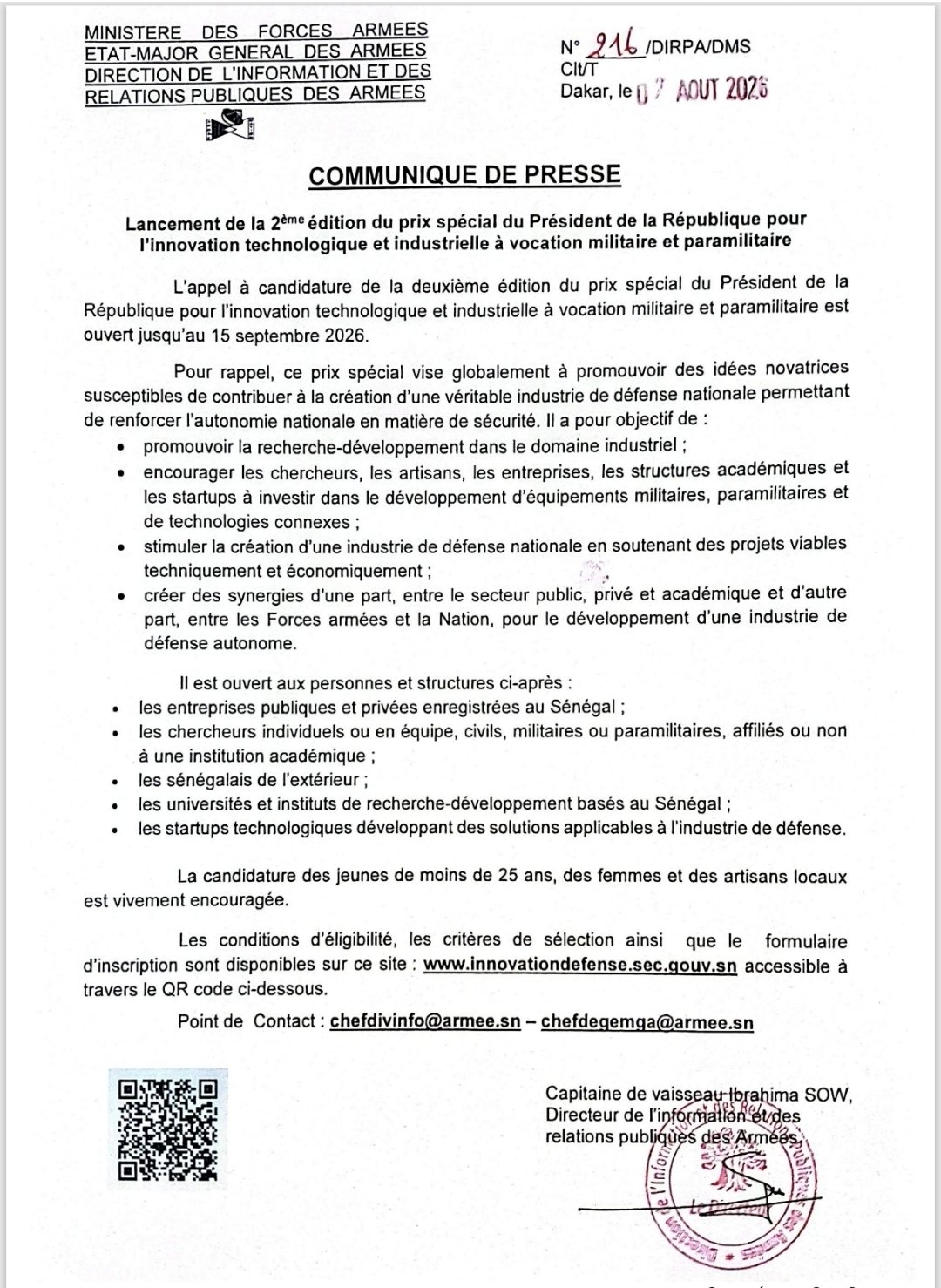 Innovation militaire : inscriptions au prix spécial du Président jusqu’au 15 septembre 2026