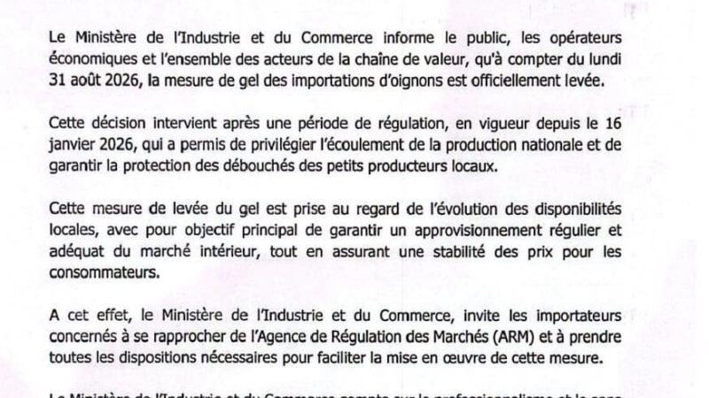 Levée du gel des importations d&rsquo;oignons au Sénégal dès le 31 août 2026