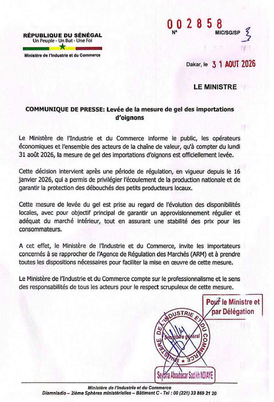 Le Sénégal lève le gel des importations d’oignons