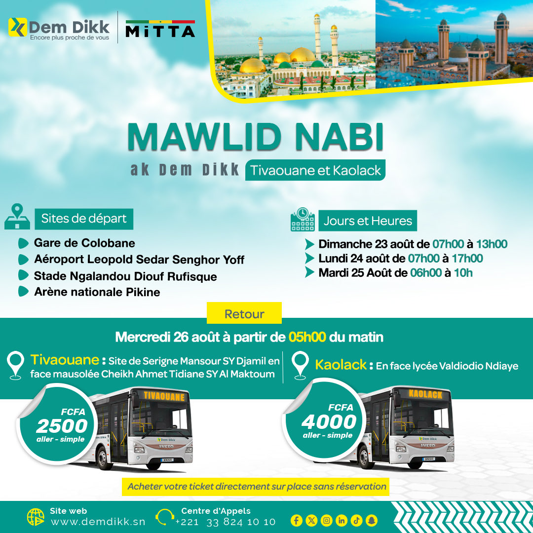 Mawlid 2026 : Dem Dikk renforce les navettes vers Tivaouane et Kaolack