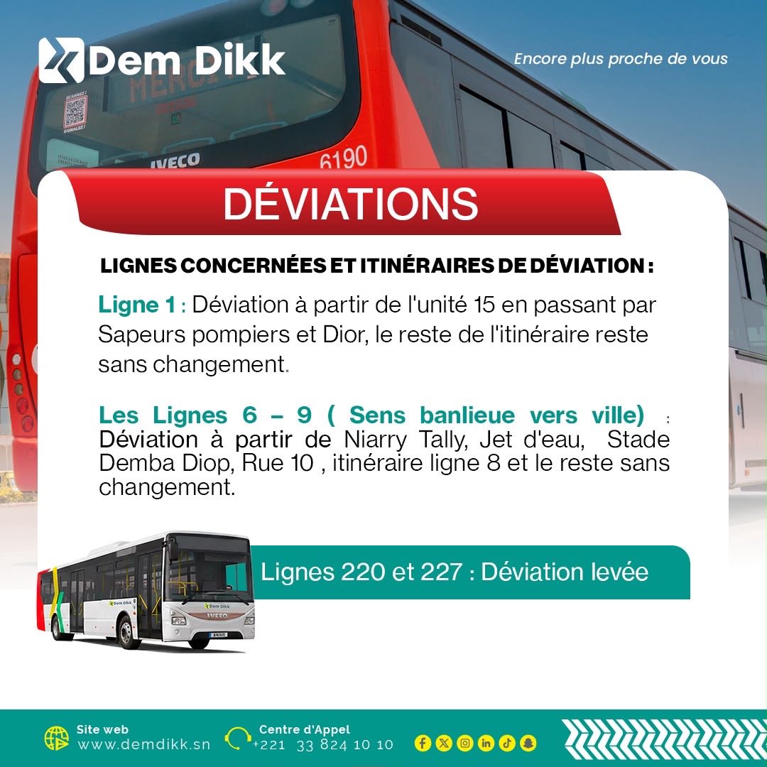 Mawlid : déviation des bus Dem Dikk lignes 1, 6 et 9, levée pour 220 et 227