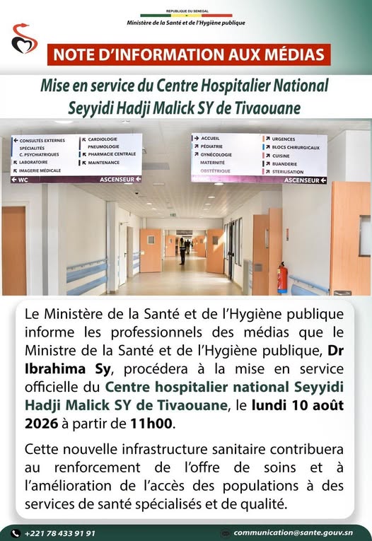 Mise en service du Centre hospitalier national Seyyidi Hadji Malick Sy de Tivaouane le 10 août 2026