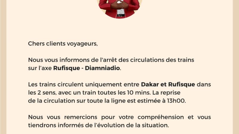 TER : trafic interrompu entre Rufisque et Diamniadio ce 25 août