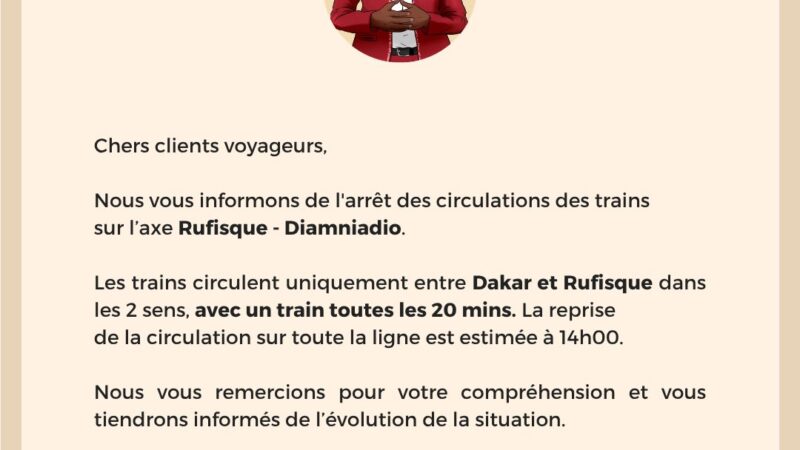 TER : trafic interrompu entre Rufisque et Diamniadio ce 25 août, reprise à 14h