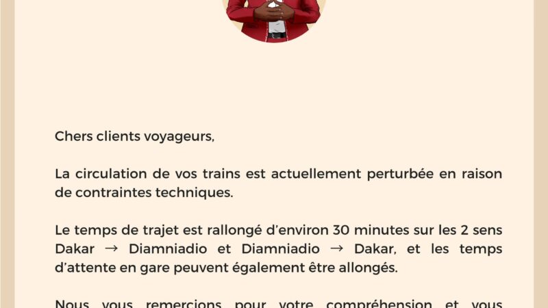 Trafic TER perturbé sur Dakar-Diamniadio le 24 août 2026