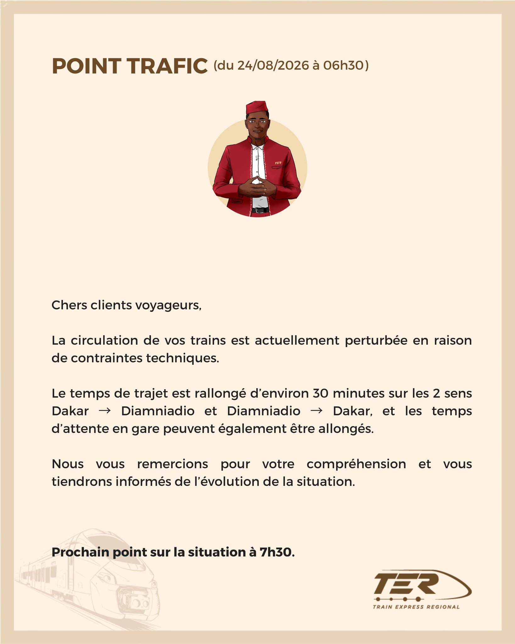 Trafic TER perturbé sur Dakar-Diamniadio le 24 août 2026