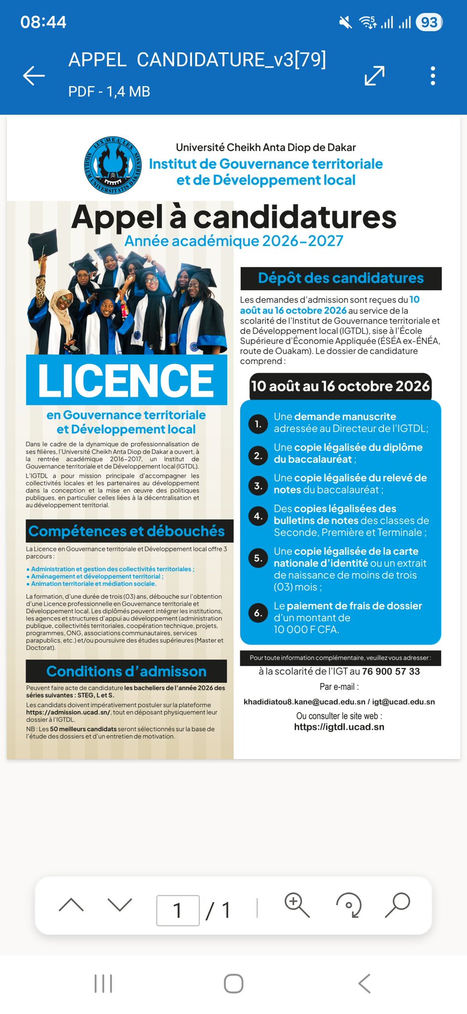 UCAD : appel à candidatures Licence et Master en gouvernance territoriale (10 août-16 octobre 2026)