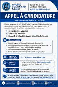 UCAD : l&rsquo;Institut des Métiers du Droit lance ses candidatures pour 2026-2027