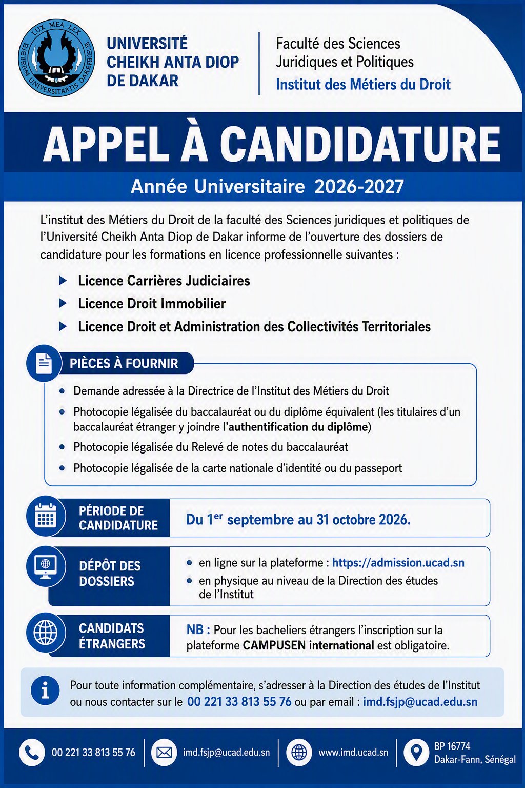 UCAD : l’Institut des Métiers du Droit lance ses candidatures pour 2026-2027
