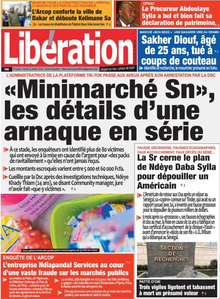 Découvrez les Unes des journaux sénégalais du jeudi 13 août 2026
