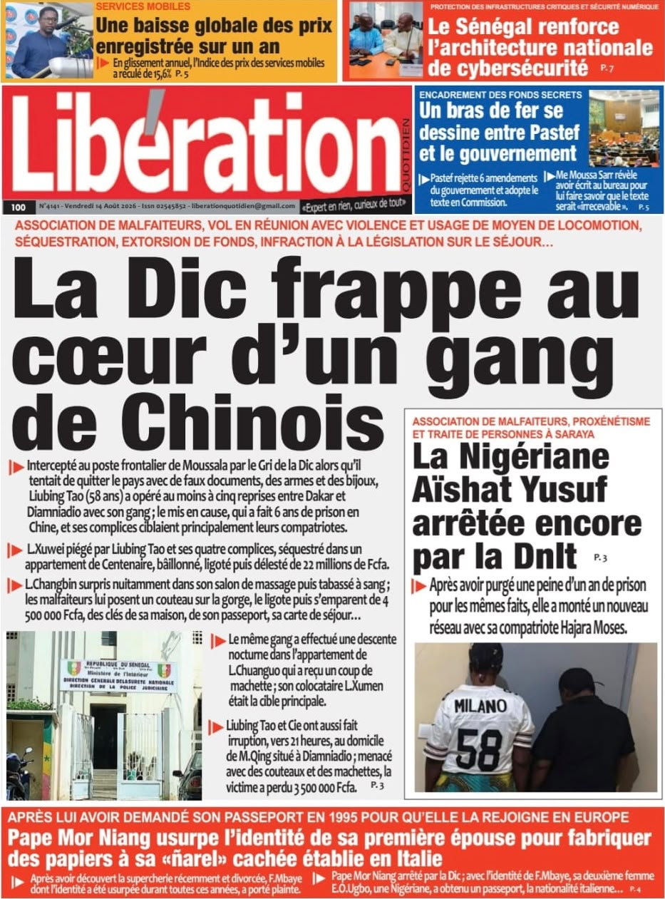 Découvrez les Unes des journaux sénégalais du vendredi 14 août 2026
