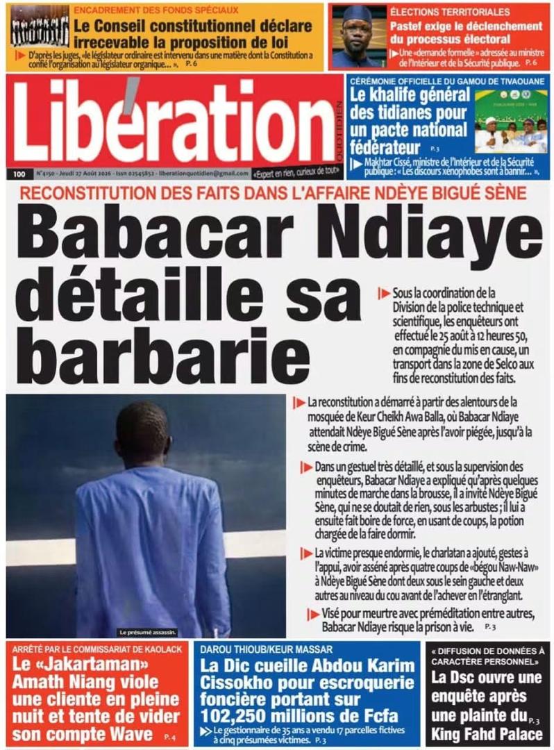 Découvrez les Unes des journaux sénégalais du jeudi 27 août 2026