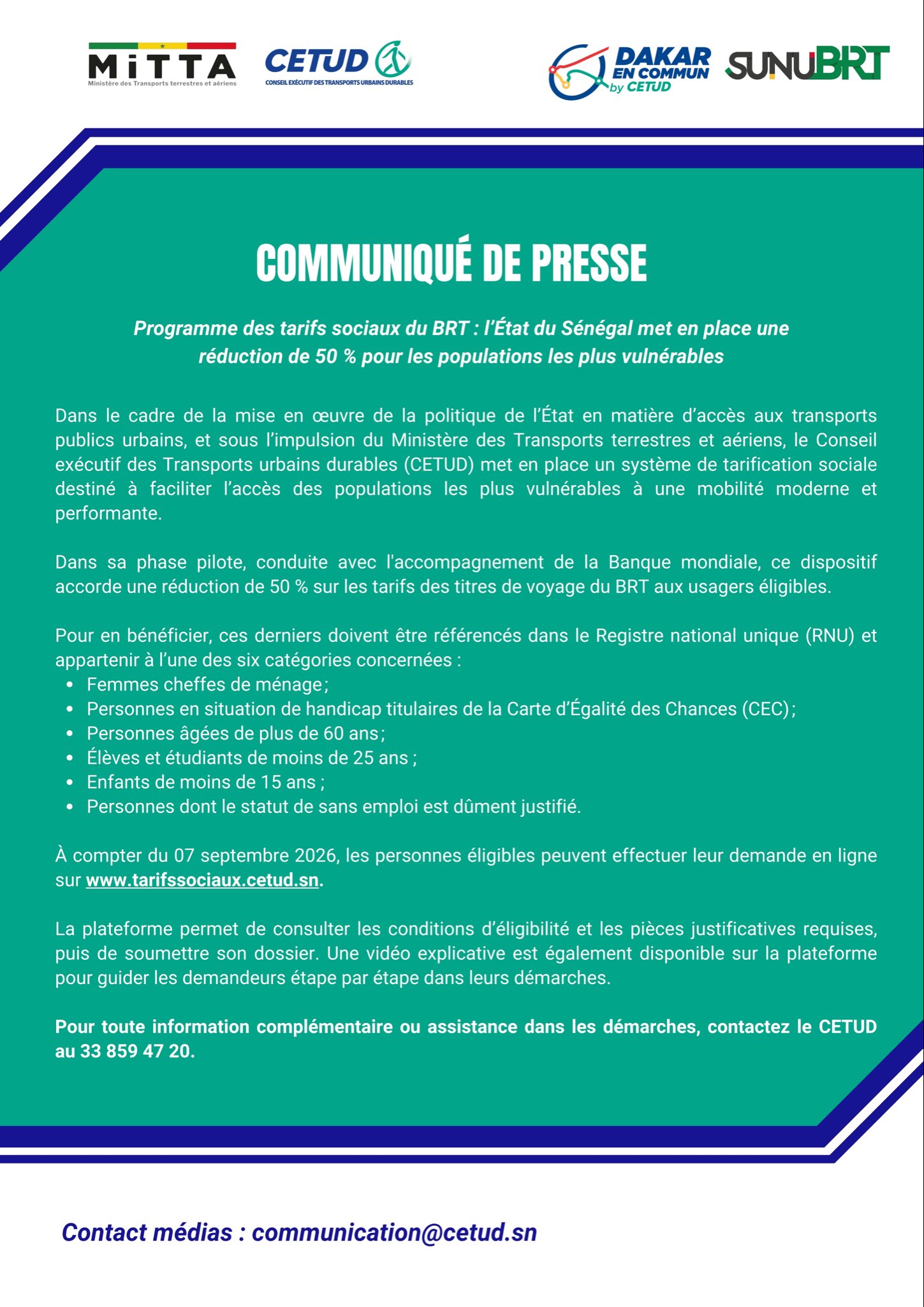 BRT : réduction de 50% pour les personnes vulnérables dès le 7 septembre 2026