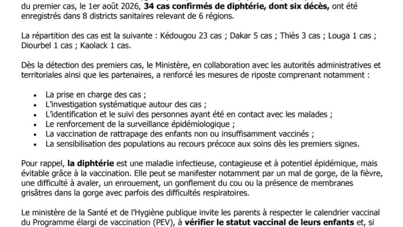 Diphtérie : 34 cas et 6 décès dans 6 régions, le ministère appelle à la vaccination