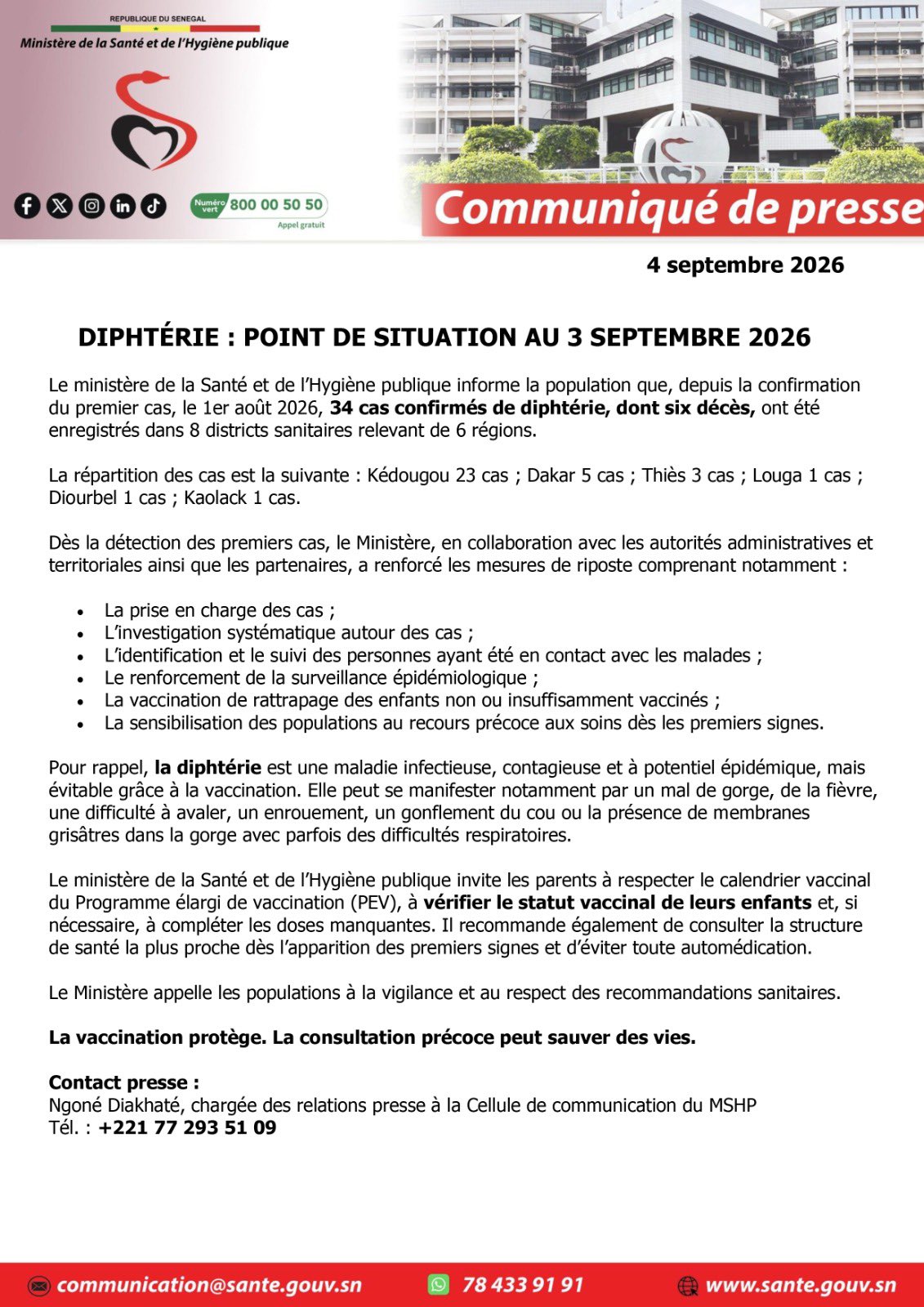 Diphtérie : 34 cas et 6 décès dans 6 régions, le ministère appelle à la vaccination