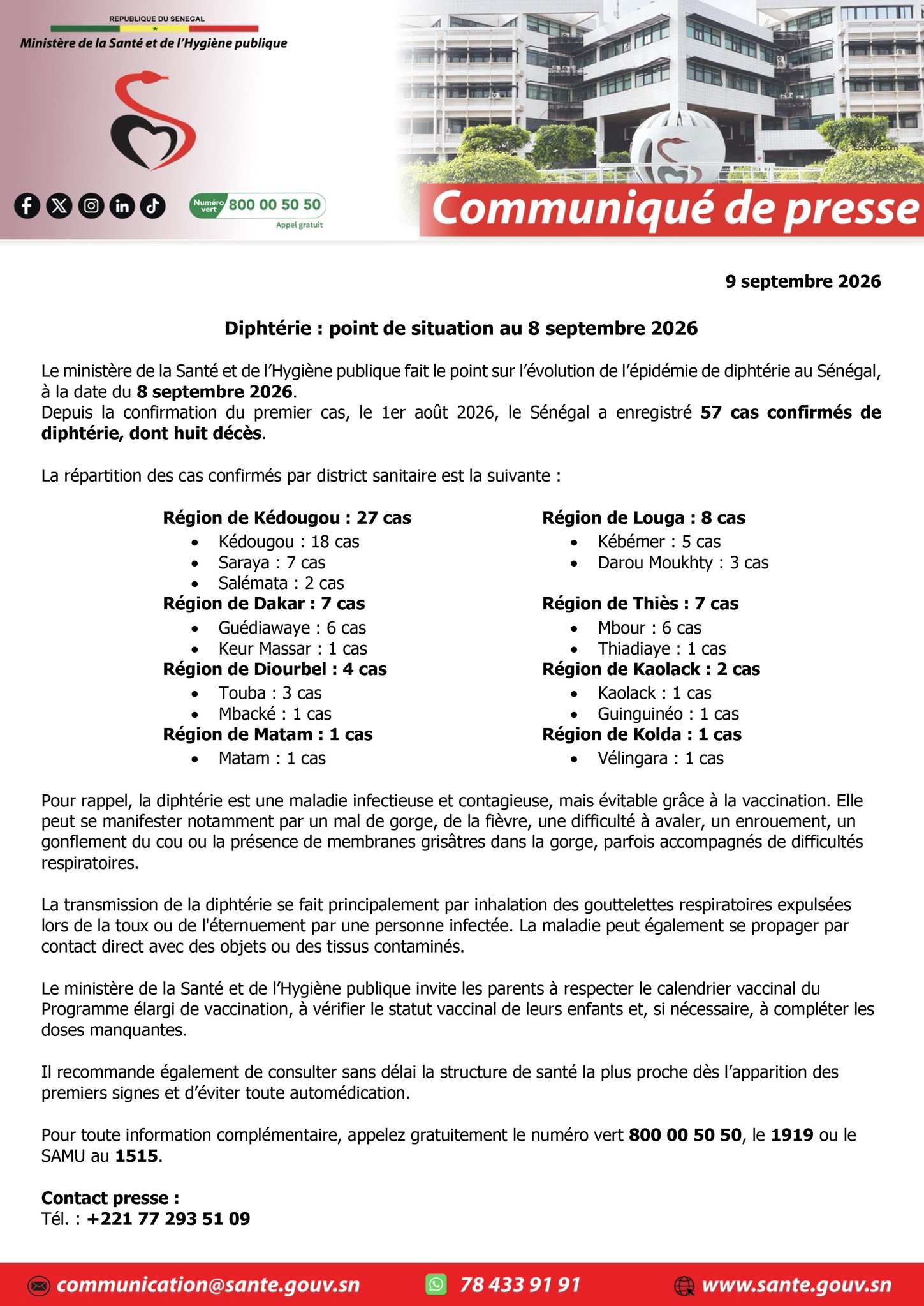 Diphtérie au Sénégal : 57 cas confirmés et 8 décès au 8 septembre 2026