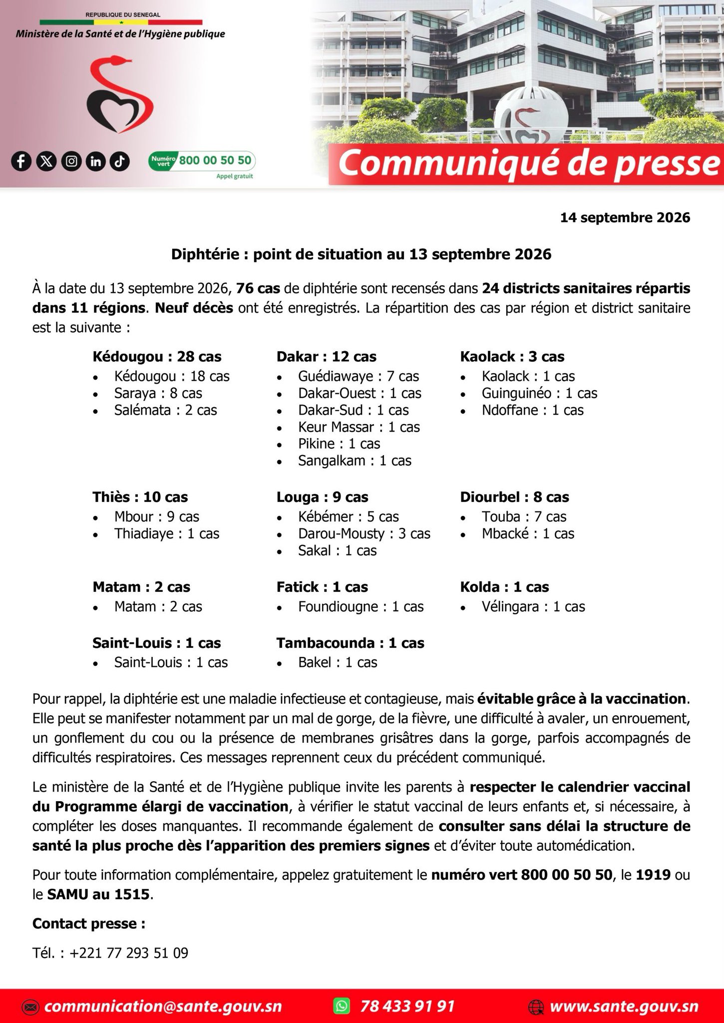 Diphtérie au Sénégal : 76 cas et 9 décès au 13 septembre 2026