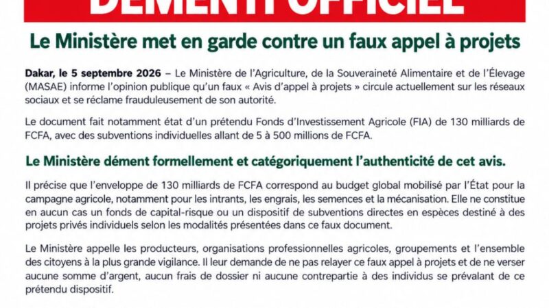 Faux appel à projets agricoles : le MASAE dément et met en garde contre l’arnaque