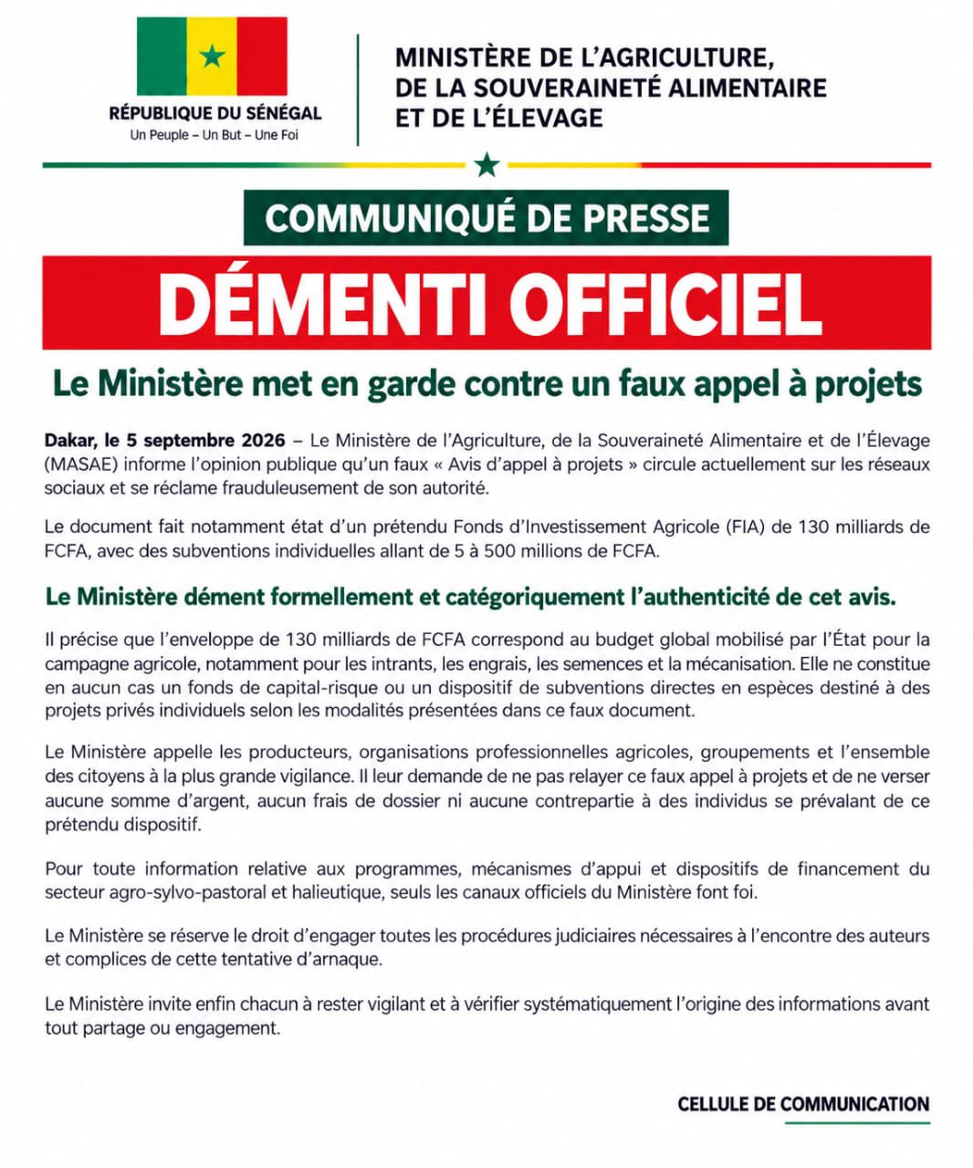 Faux appel à projets agricoles : le MASAE dément et met en garde contre l’arnaque